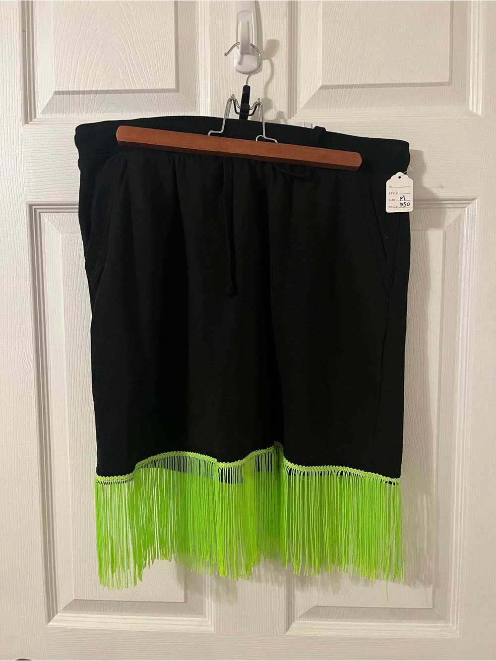 Upcycled Black Skort with Neon Green Fringe M